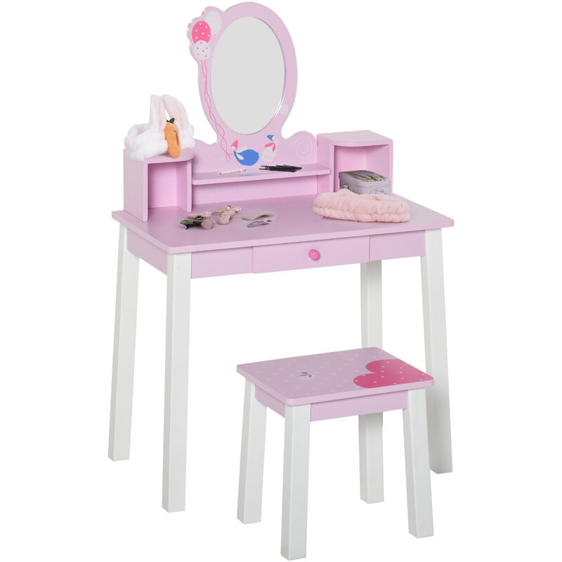 Kids Wooden Dressing Table and Stool Make Up Desk - Pink - Homcom