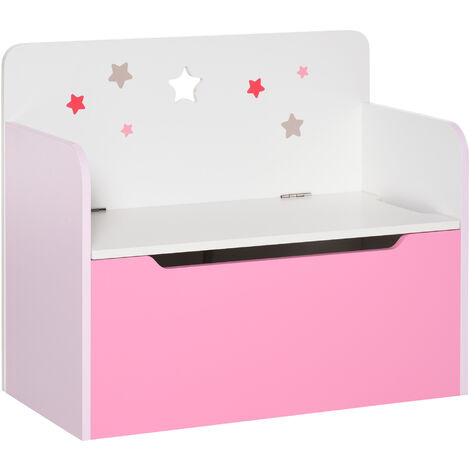HOMCOM Kids Wooden Toy Box Children Storage Chest Bench Organiser Safety Hinge Pink