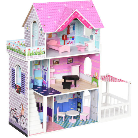 HOMCOM® Kinder Puppenhaus aus Holz Puppenstube Barbiehaus Dollhouse 3 Etagen mit Möbel