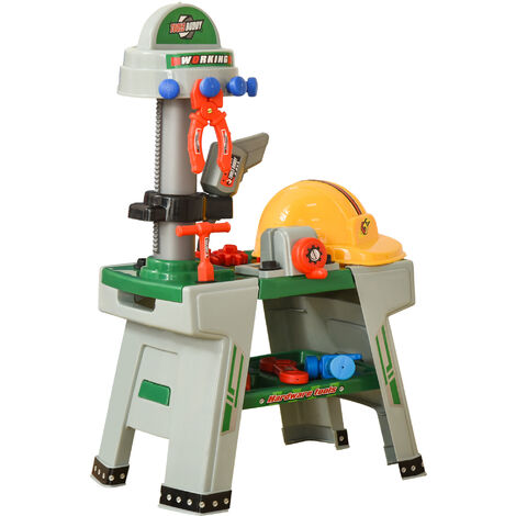 HOMCOM Kinder-Werkbank Spielzeug mit 37 Teilen von 3 bis 6 Jahren 44 cm x 26 cm x 71 cm - Grün+Grau