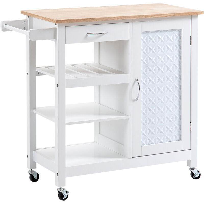 Homcom - Kitchen Cart on Wheels Trolley with Embossed Door Panel, Drawer, White - White
