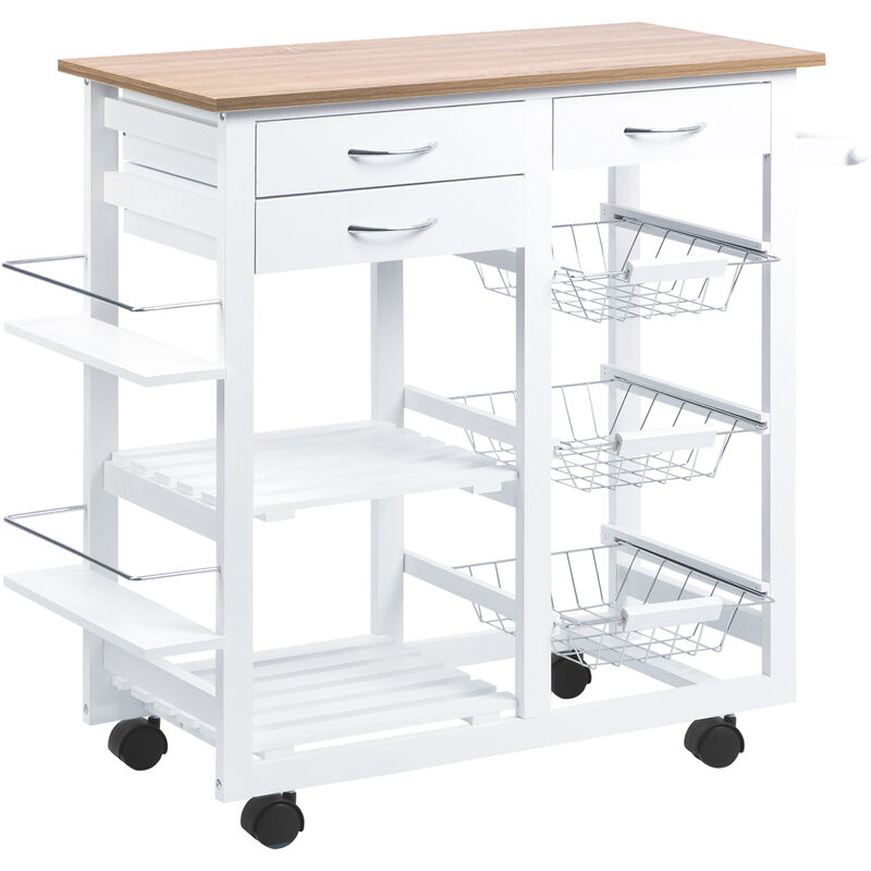 Homcom - Kitchen Cart Trolley with Spice Racks, Baskets, Drawers for Dining Room - White