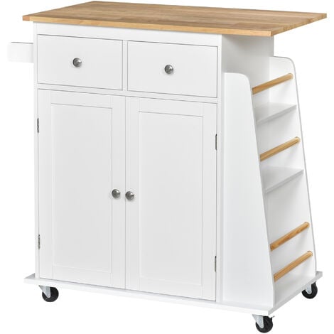 main image of "HOMCOM Kitchen Island Storage Cabinet Rolling Trolley Wood Top w/ Spice Rack"