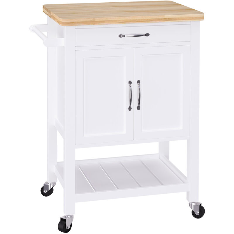 Homcom - Kitchen Storage Trolley Cart Rolling Wheels Shelves Cupboard W/ Drawer - White, Natural Wood