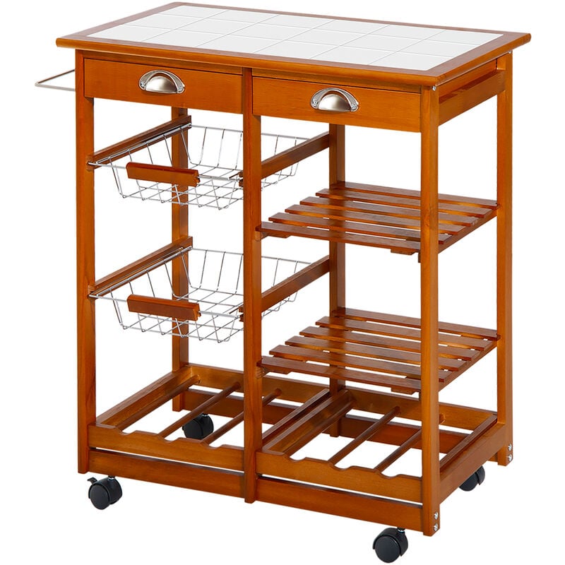 Kitchen Trolley Cart with Wine Rack Drawers Baskets & Tile Top Chopping Board Wire Wood Shelves - Homcom