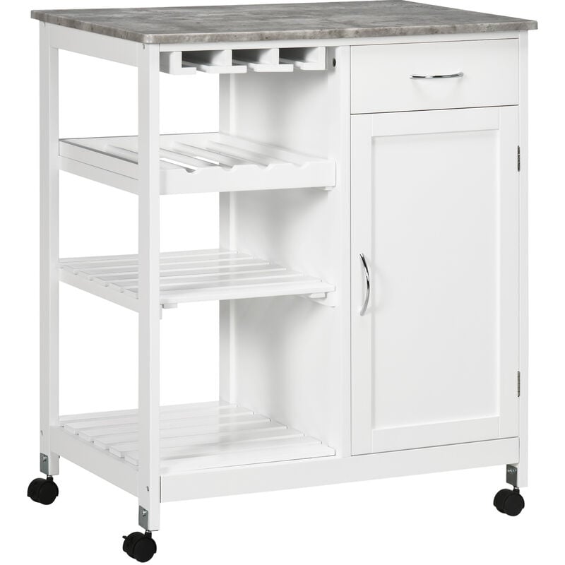 Homcom - Kitchen Trolley Utility Cart w/ Wheel Wine Rack Open Shelf and Cabinet - White