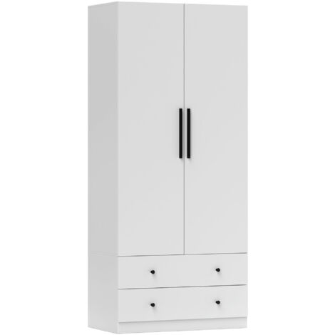 HOMCOM Kleiderschrank Mehrzweckschrank 2-türig mit Tiefem Innendesign, Kleiderstange und 2 Schubladen Garderobenschrank für Schlafzimmer 79 x 43 x 180 cm Weiß
