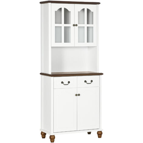 HOMCOM Küchenschrank Hochschrank mit Arbeitsplatte, 4 Türen und 2 Schubladen Buffetschrank Mikrowellenschrank mit Verstellbaren Ablagen, Soft-Close-Funktion, Weiß, 76 x 38 x 182 cm