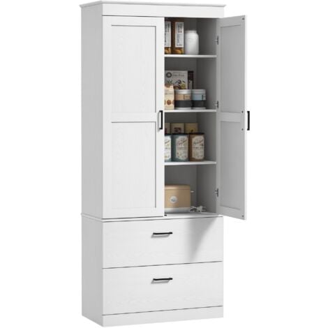 HOMCOM Küchenschrank, Hochschrank mit verstellbaren Regal, Schublade, Buffetschrank Aufbewahrungsschrank mit Landhaus-Stil Vitrinenschrank für Esszimmer Küche 75x39x178 cm Weiß