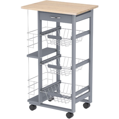 HOMCOM® Küchenwagen auf Rädern Arbeitsplatte In- und Outdoor Grau Kiefernholz