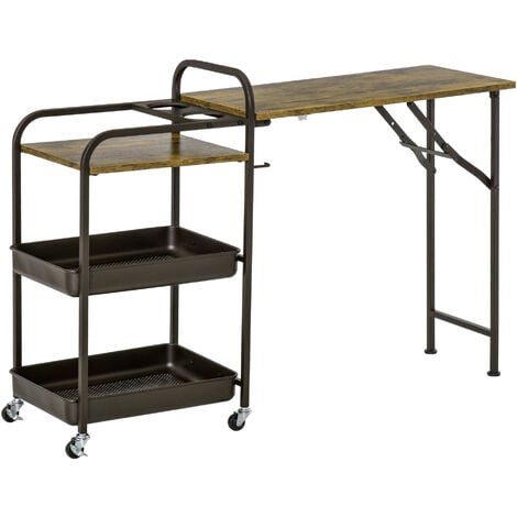 HOMCOM Küchenwagen Küchenrollwagen Servierwagen mit 1 klappbaren Tischplatte 2 Tabletts und 1 offenes Regal Rollen Verstellbare Fußpolster E1-Spanplatte Metall Rustikal-Braun 118 x 36,5 x 82 cm
