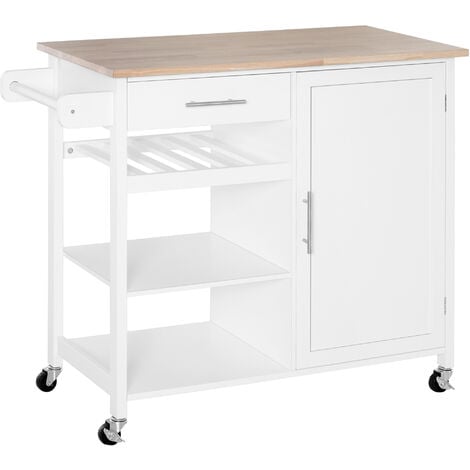 HOMCOM® Küchenwagen Küchenschrank Servierwagen Rollwagen Schublade Massivholz Weiß 105 x 45 x 89 cm