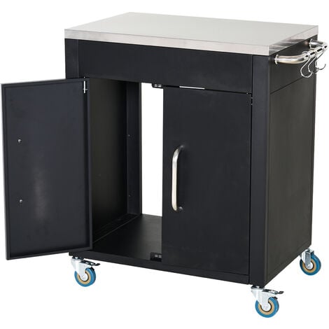 HOMCOM Küchenwagen mit Rollen, Servierwagen, Rollwagen mit Schrank, Haken und Edelstahlgriffe, Küchenhilfe, BBQ Grilltisch aus Edelstahl Küchentrolley, 86 x 50 x 86,5 cm Schwarz