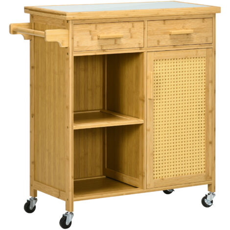 HOMCOM Küchenwagen mit Schublade, Schrank, offenem Ebenen, Servierwagen, Aufbewahrungswagen mit Handtuchhalter, Glastischplatte, Bambus, Natur, 84 x 36 x 85 cm