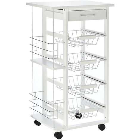 HOMCOM Küchenwagen Servierwagen 5 Ebenen mit Schublade Rollwagen Küchenregal mit Rollen Arbeitsplatte Kiefernholz Weiß 47 x 37 x 83 cm - Weiß
