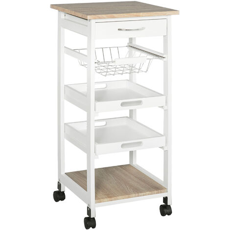HOMCOM® Küchenwagen Servierwagen mit Schublade Abnehmbares Tablett Kiefer Weiß