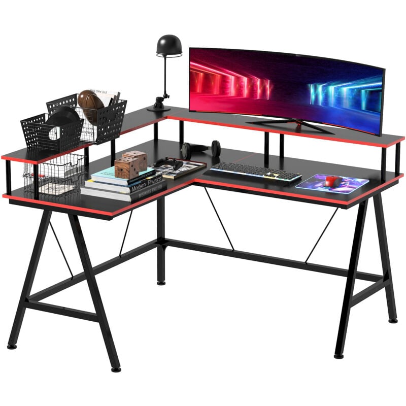 L-Shape Corner Gaming Desk Computer Table w/ Monitor Shelf Black & Red - Homcom