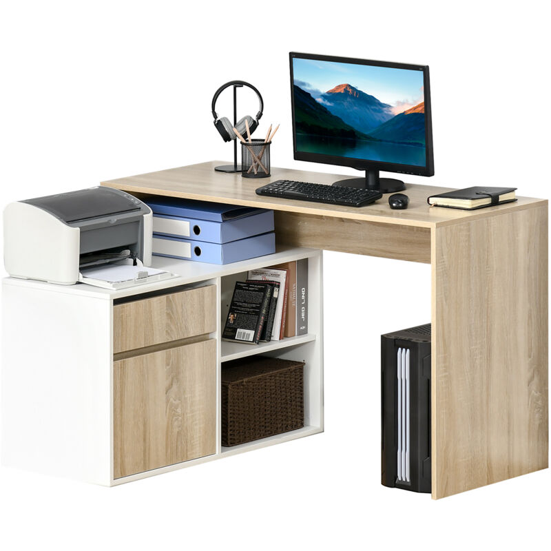 L-Shaped Corner Computer Desk Study Table PC Work w/ Storage Shelf Drawer Office, Oak and White - Homcom
