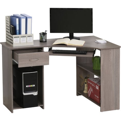 HOMCOM L-Shaped Corner Computer Desk w/ 2 Shelves Worktop Keyboard Tray Grey