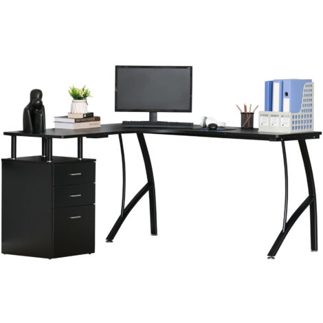 main image of "HOMCOM L-Shaped Corner PC Desk Table w/ Drawer Home Office Workstation Black"