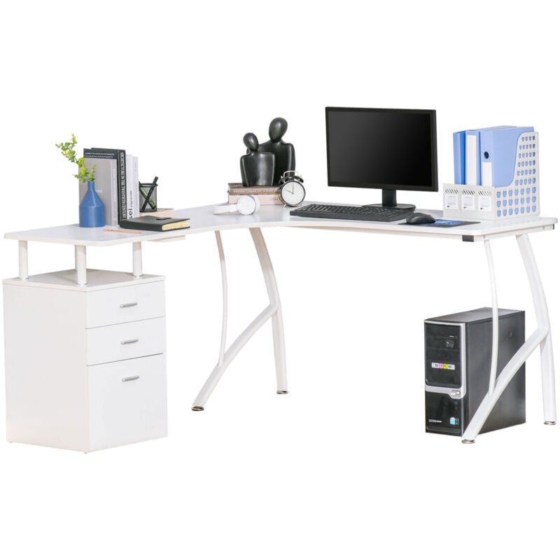 L-Shaped Corner PC Desk Table w/ Drawer Home Office Workstation White - Homcom