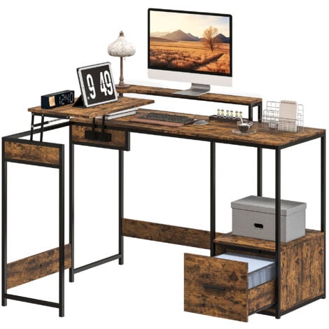 HOMCOM L Shaped Desk, Computer Table with Liftable Desktop, Rustic Brown