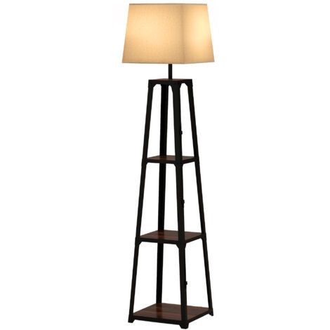 HOMCOM Lampada da Terra in Metallo e MDF con Paralume in Tessuto Nero e Beige
