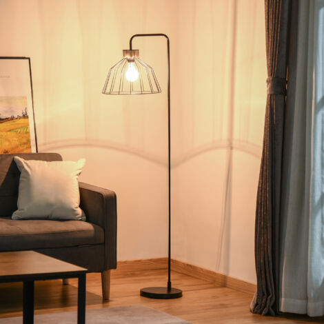 HOMCOM Lampadaire lampe à pied design élégant en métal avec décoration en rotin idéal pour maison bureau restaurant et café 44 x 34 x 154 cm noir