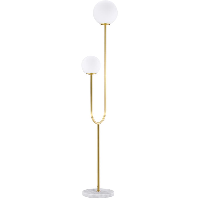 Lampadaire design néo-rétro 2 boules verre blanc opaque max. 25 w piètement marbre blanc acier doré
