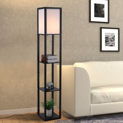 HOMCOM Lámpara de Pie con Estantes de Almacenaje, Lámpara de Madera Moderna, Bombilla E27, para Salón, Dormitorio, Oficina, Negro