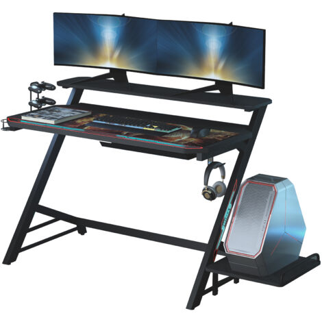 HOMCOM LED Breathing Lights Gaming Table Double-layer Tabletop Computer Desk Metal Frame with Host Support Board, Cup Holder, Headphone Hook, Gamepad Holder, Cable box, Black
