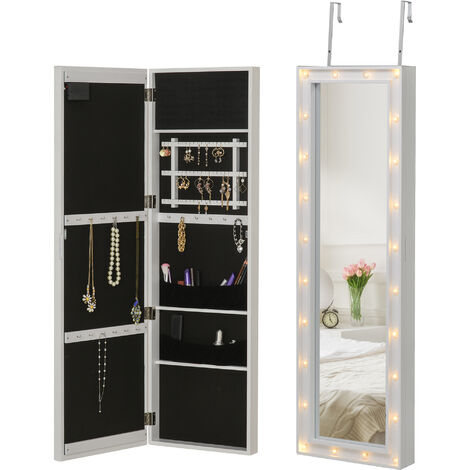 HOMCOM® LED Schmuckschrank Aufhängbarer 2 in 1 Spiegelschrank Schmuckregal an Tür Weiß