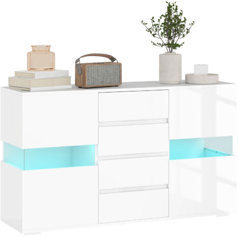 HOMCOM LED Sideboard, High Gloss Storage Cabinet with 4 Drawers, White