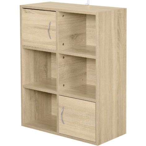 HOMCOM Libreria Scaffale Mobiletto in Legno a 3 Ripiani con 4 Scompartimenti e 2 ante in Legno Naturale 61.5x29.5x80cm 