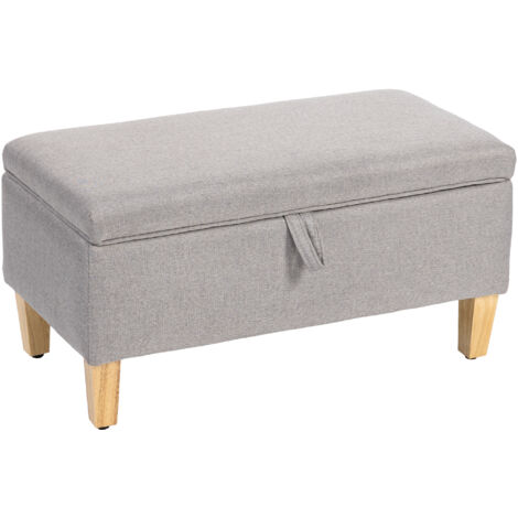 HOMCOM Linen Storage Ottoman Storage Box with Rubberwood Legs, Light Grey