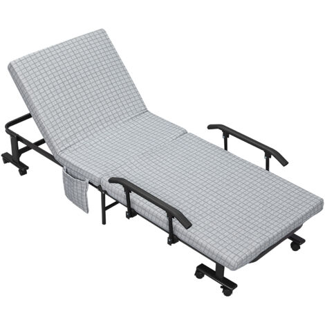 HOMCOM Lit pliant, canapé-lit avec dossier inclinable, accoudoirs, 8 roulettes, cadre en acier, gris clair et noir, 190 x 76 x 33 cm