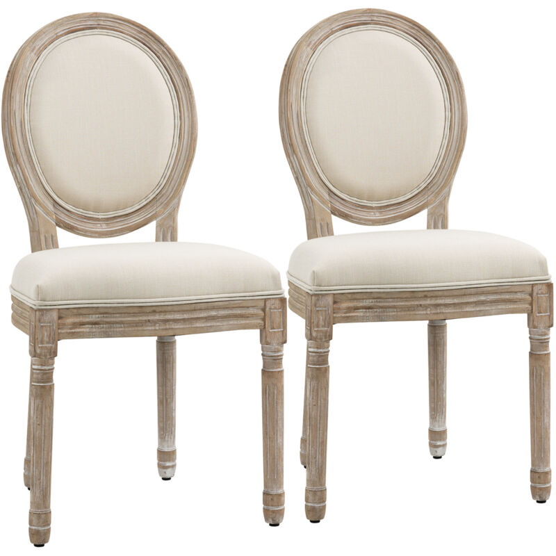 HOMCOM Lot de 2 chaises de Salle à Manger - Chaise de Salon médaillon Style Louis XVI - Bois Massif sculpté, patiné - Aspect Lin Beige-Crème