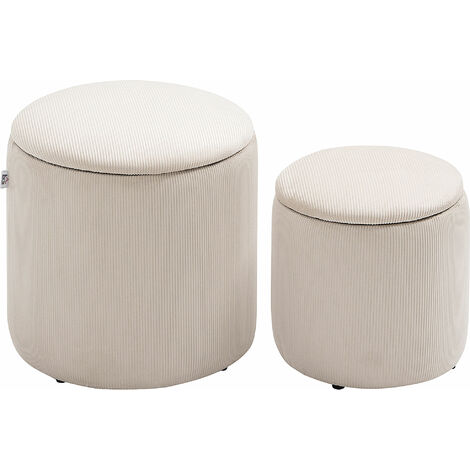 Homcom – Lot de 2 poufs velours côtelé – Poufs coffres 2 en 1 – Ø 40 et 30 cm – Tissu polyester crème – Rangement intégré et assise rembourrée