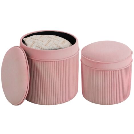 HOMCOM Lot de 2 poufs ronds empilables, grand pouf de rangement de 34,8 L, tabourets ronds rembourrés en velours, pour salon et chambre, rose