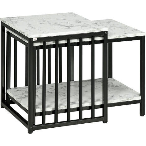 Homcom – Lot de 2 tables basses gigognes – Acier noir – Panneaux aspect marbre blanc – Dimensions 60,5x40,5x45 cm et 45,5x41x50 cm