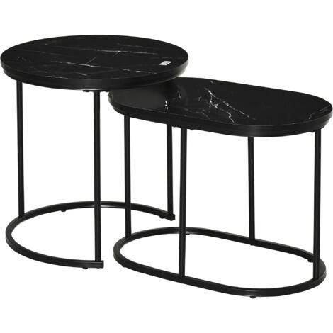 Homcom – Lot de 2 tables basses gigognes – Tables d'appoint encastrables – Piètement acier – Plateau MDF aspect marbre noir – Dimensions Ø 50 x 50,5H cm