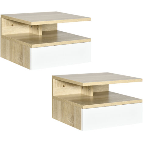 HOMCOM Lot de 2 Tables de Chevet murales - Lot de 2 Tables de Nuit - tiroir Coulissant, Niche, Plateau - Panneaux Particules aspect chêne clair, blanc