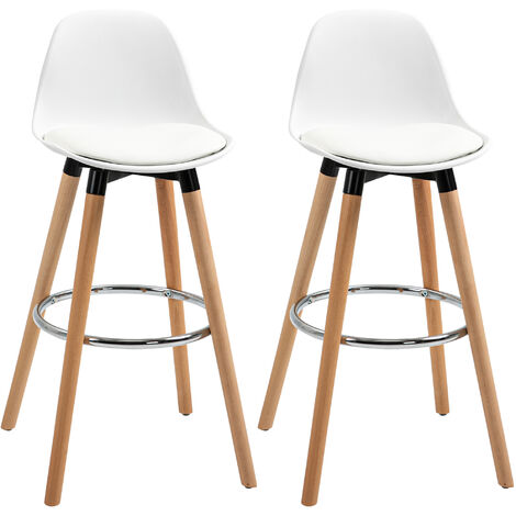 Homcom – Lot de 2 tabourets de bar scandinaves – Assise PU blanche – Piètement bois de hêtre – Repose-pieds – Hauteur d'assise 70 cm