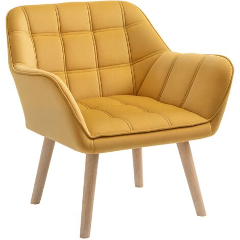 HOMCOM Luxe Velvet-Feel Accent Chair w/ Wide Arms Slanted Back Wood Legs Yellow