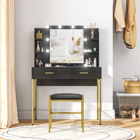 HOMCOM Makeup Vanity Desk Set with Lighted Mirror, Stool, Drawers, Black