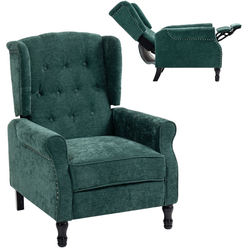 Recliner Armchair for Living Room Fabric Reclining Chair w/ Footrest Dark Green - Homcom
