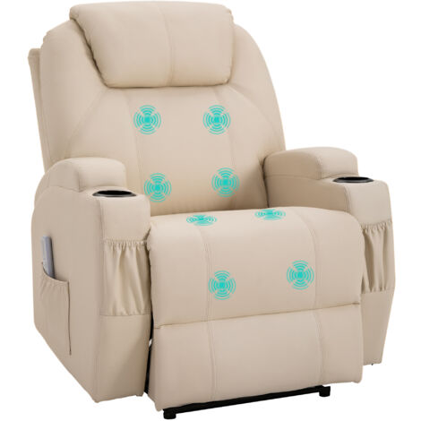 HOMCOM Massagesessel Elektrisch Relaxsessel Fernsehsessel Massagefunktion Liegefunktion Kunstleder Holz Metall Schaumstoff Beige 82 x 97 x 110 cm - Beige