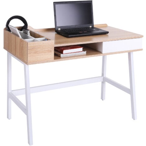 HOMCOM MDF Computer Desk PC Workstation Laptop Table Metal Frame - Oak and White