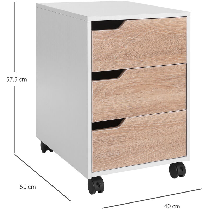 Homcom Mdf Mobile File Cabinet Pedestal With 3 Drawers Lockable Casters Oak And White Uk836 0480331