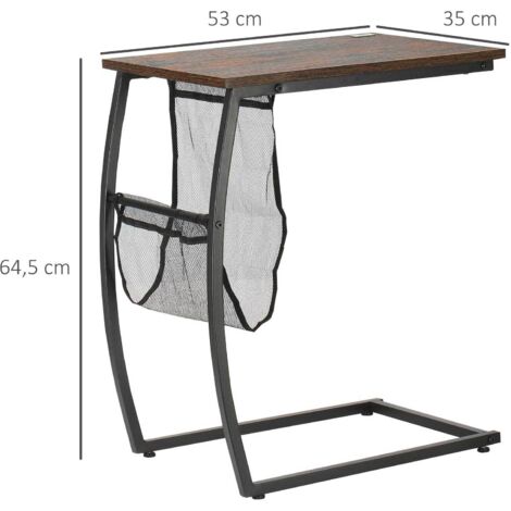 HOMCOM Mesa Auxiliar para Sofá y Cama Mesita Auxiliar Pequeña en Forma de C con Bolsillo de Almacenaje Estilo Industrial para Salón 53x35x64,5 cm Marrón Rústico